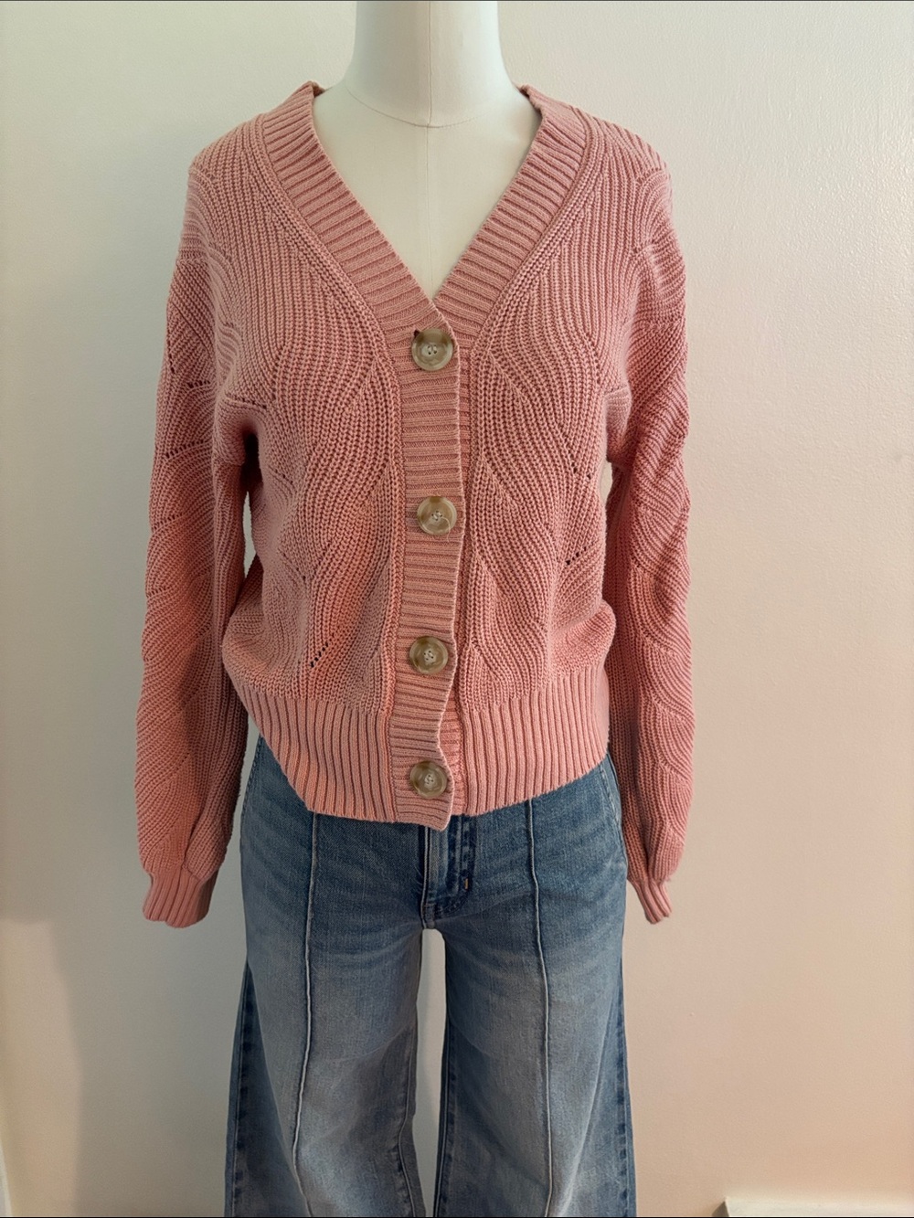 LOFT Dusty Pink V-Neck Button-Front Knit Cardigan